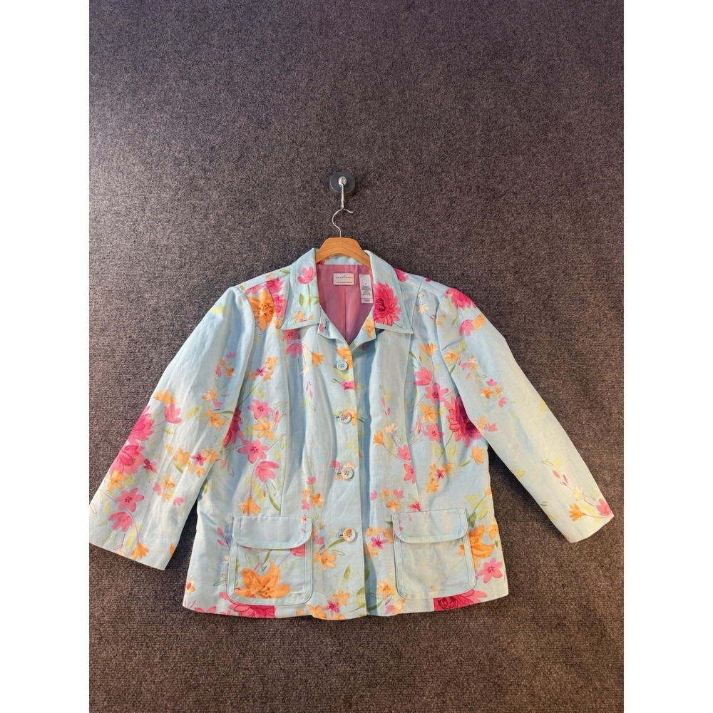 Emma James Floral Linen Blend Blazer Jacket Blue Pink Orange Womens 16